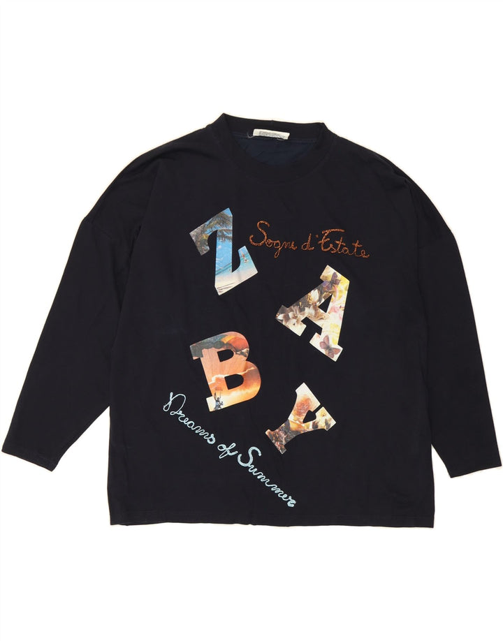 VINTAGE Womens Oversized Graphic Top Long Sleeve UK 10 Small Navy Blue Vintage Vintage and Second-Hand Vintage from Messina Hembry 