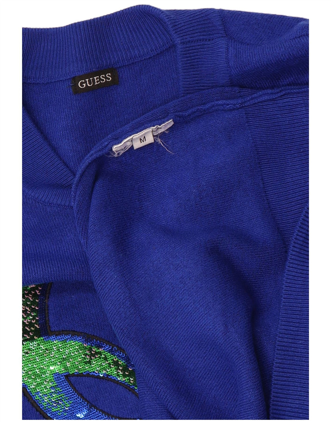 Guess Womens Graphic Crew Neck Jumper Sweater UK 14 Medium Blue
