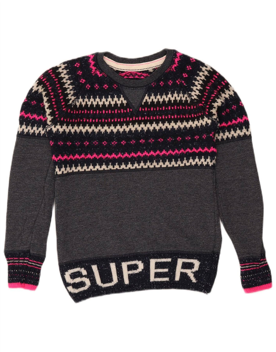 SUPERDRY Womens Crew Neck Jumper Sweater UK 6 XS Navy Blue Fair Isle