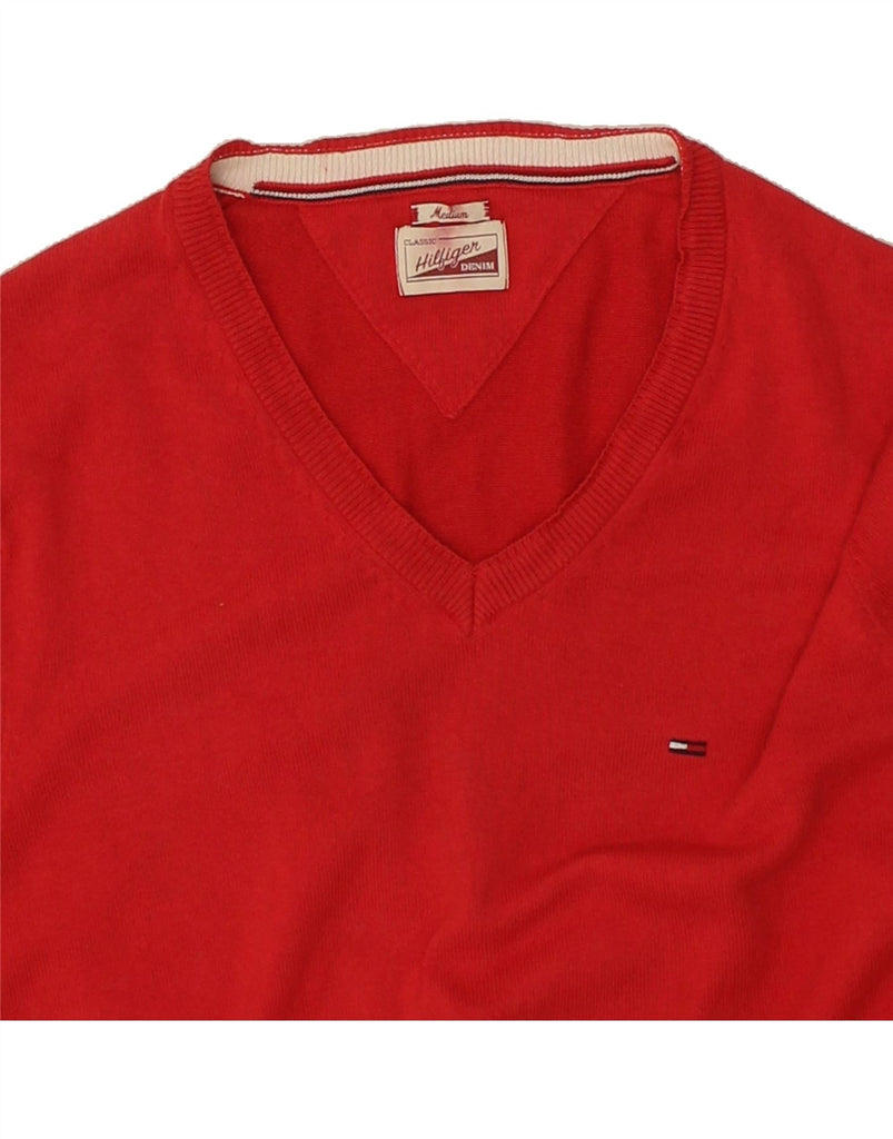 TOMMY HILFIGER Mens V-Neck Jumper Sweater Medium Red Cotton | Vintage Tommy Hilfiger | Thrift | Second-Hand Tommy Hilfiger | Used Clothing | Messina Hembry 