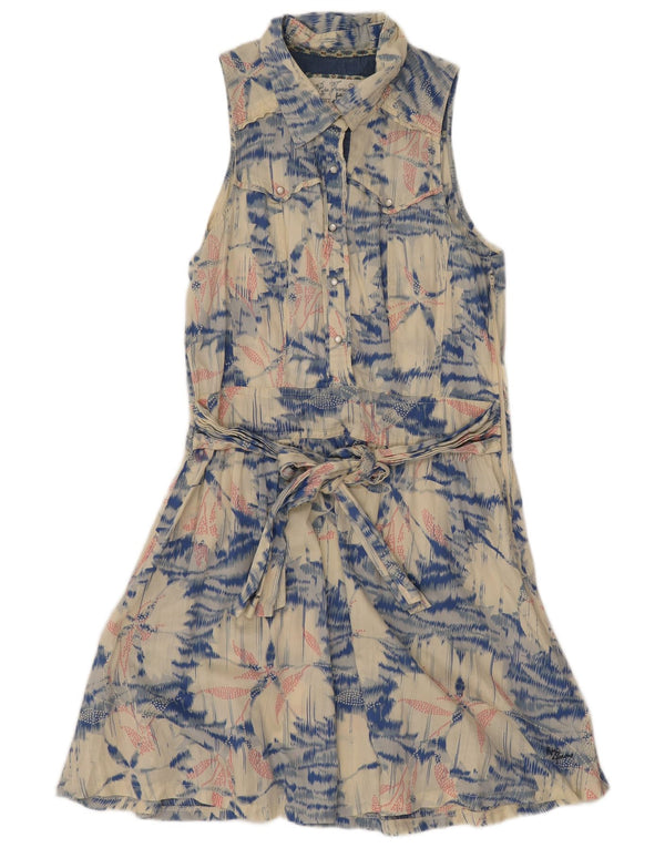 PEPE Jeans Womens Sleeveless A-Line Dress UK 12 Medium Blue Floral Cotton