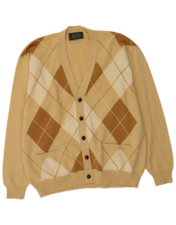 Peter Scott Mens Cardigan Sweater UK 44 XL Beige Argyle/Diamond Wool