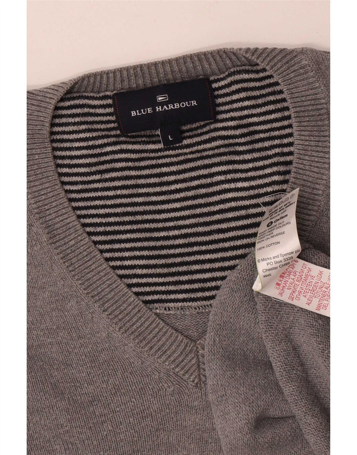 Marks & Spencer Mens Blue Harbour V-Neck Jumper Sweater Large Grey Cotton