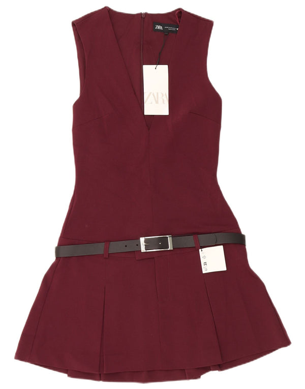 Zara Womens Sleeveless Drop Waist Dress UK 4 XS Burgundy Polyester