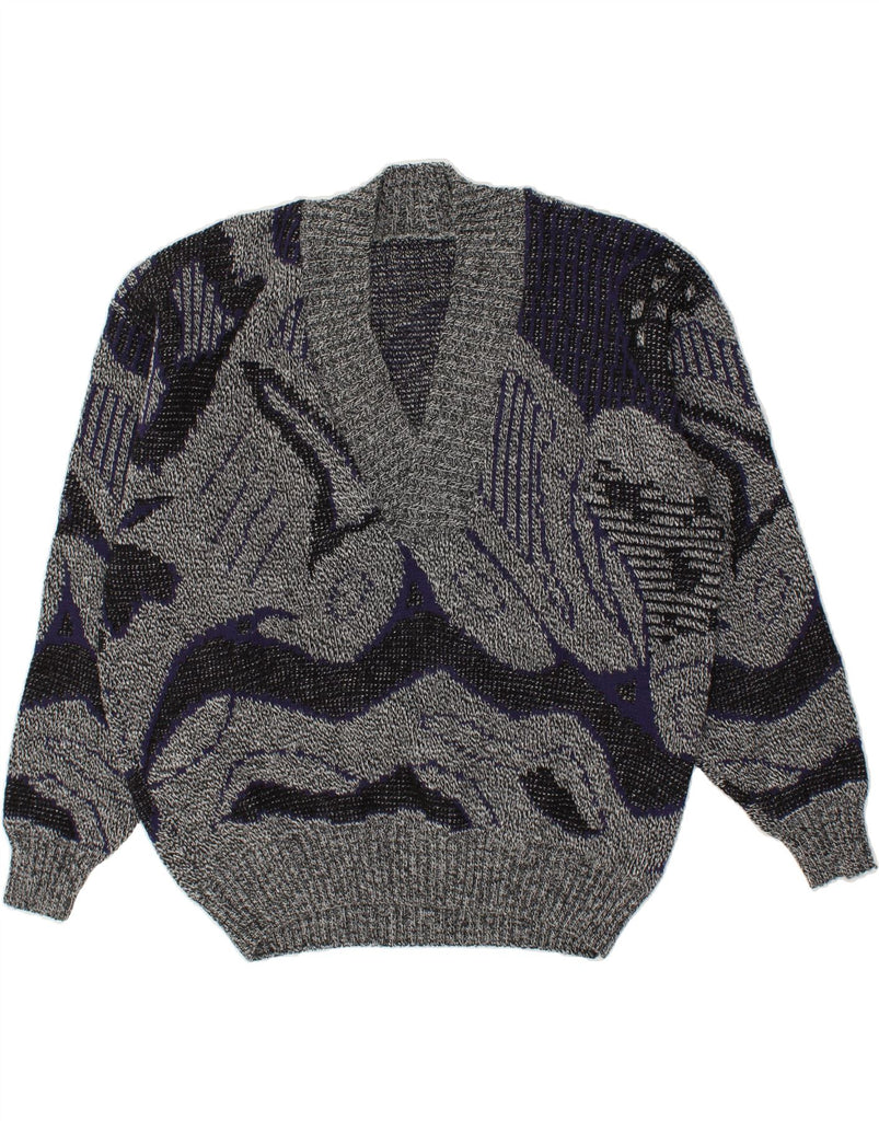 VINTAGE Mens Abstract Pattern V-Neck Jumper Sweater XL Grey | Vintage Vintage | Thrift | Second-Hand Vintage | Used Clothing | Messina Hembry 