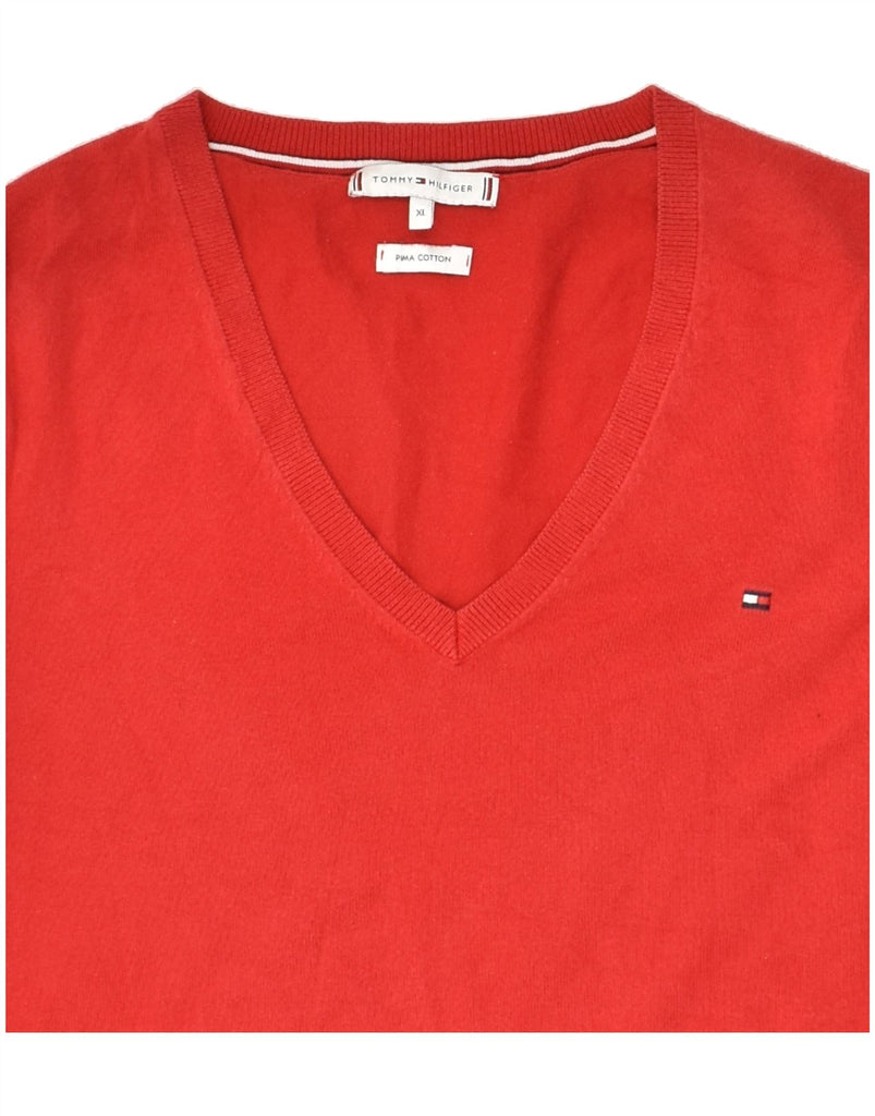 TOMMY HILFIGER Womens V-Neck Jumper Sweater UK 18 XL Red Cotton | Vintage Tommy Hilfiger | Thrift | Second-Hand Tommy Hilfiger | Used Clothing | Messina Hembry 