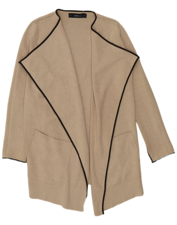 Zara Womens Longline Open Cardigan Sweater UK 10 Small Beige Cotton