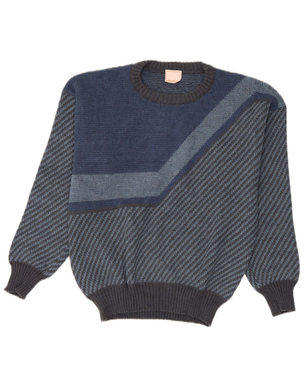 Vintage Womens Boat Neck Jumper Sweater UK 14 Medium Blue Striped Acrylic