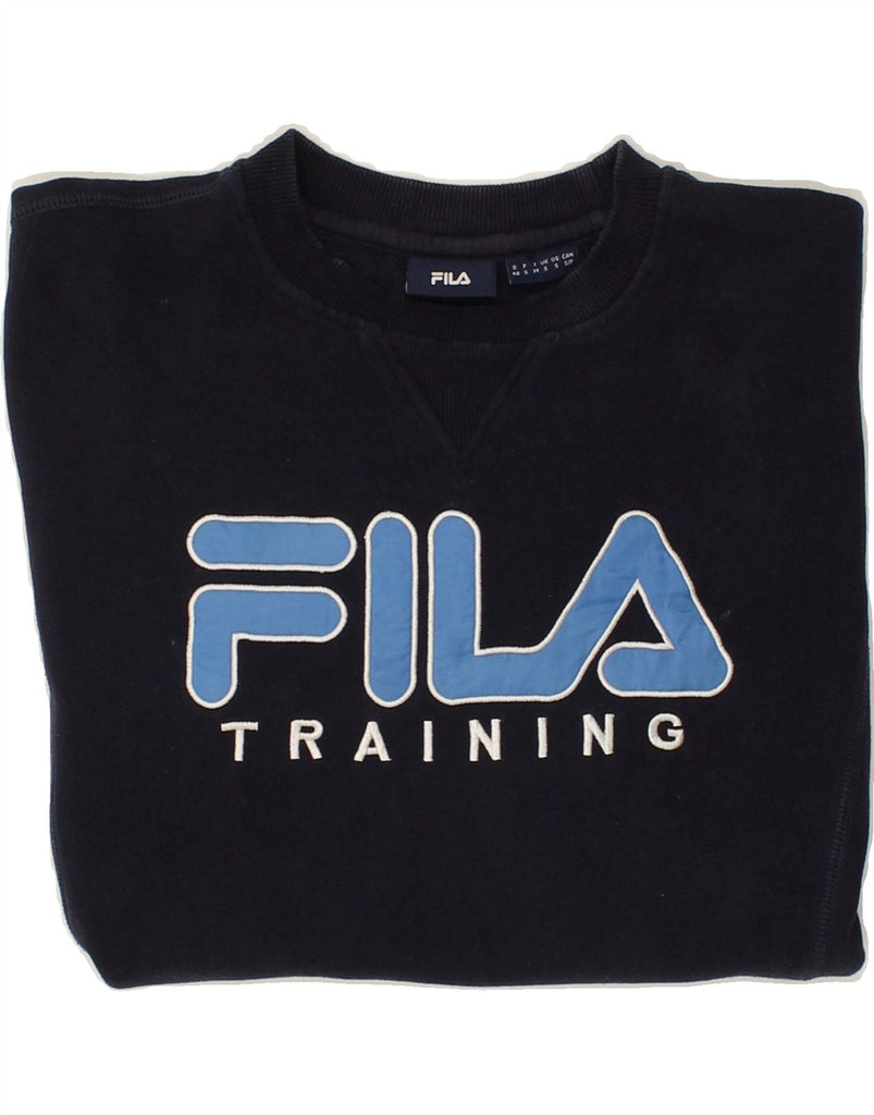 FILA Mens Graphic Sweatshirt Jumper Small Navy Blue Cotton | Vintage Fila | Thrift | Second-Hand Fila | Used Clothing | Messina Hembry 