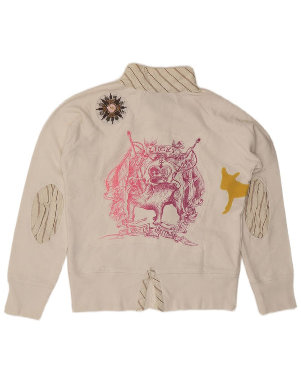 Vintage Womens Graphic Tracksuit Top Jacket UK 16 Large White Cotton