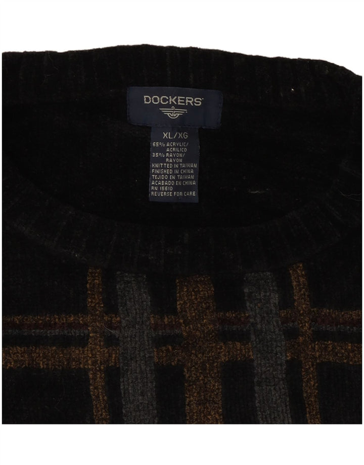 DOCKERS Mens Crew Neck Jumper Sweater XL Black Check Acrylic