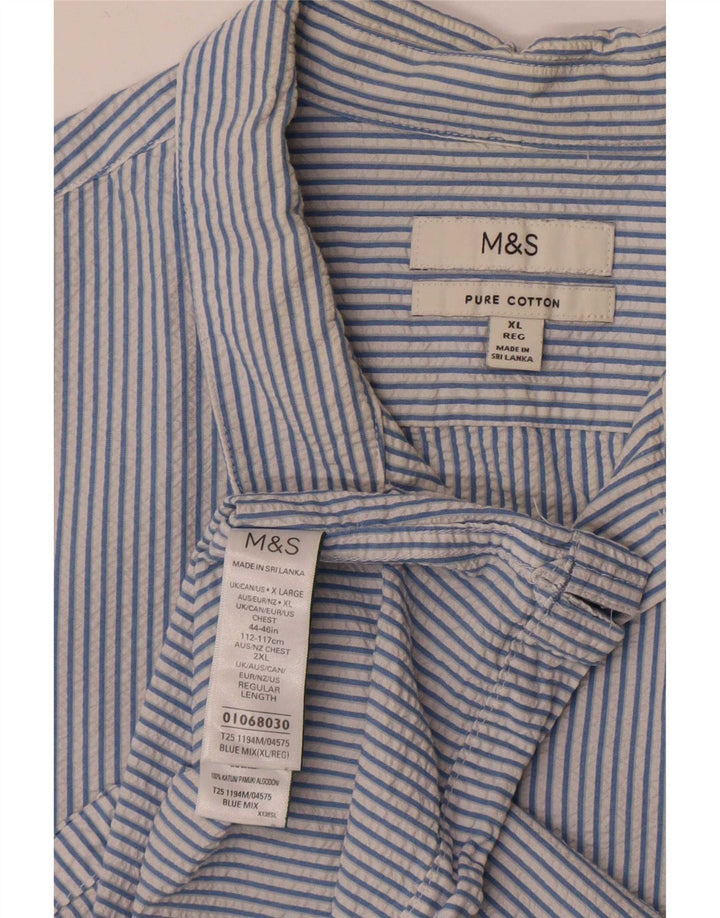 Marks & Spencer Mens Short Sleeve Shirt XL Blue Striped Cotton