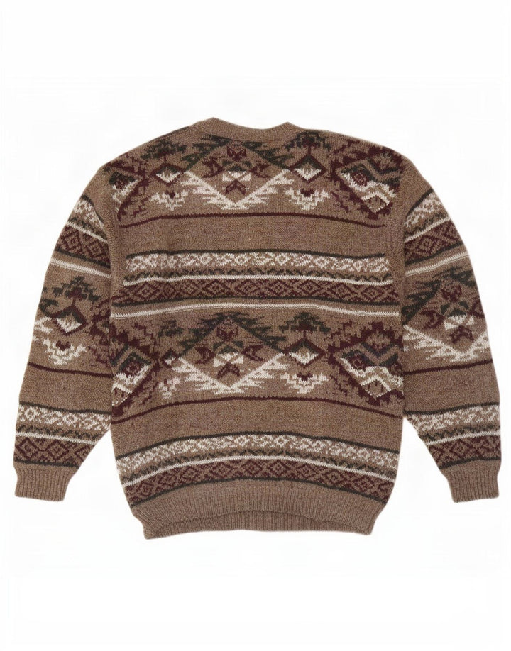 Kennington Mens Crew Neck Jumper Sweater Large Brown Fair Isle Wool