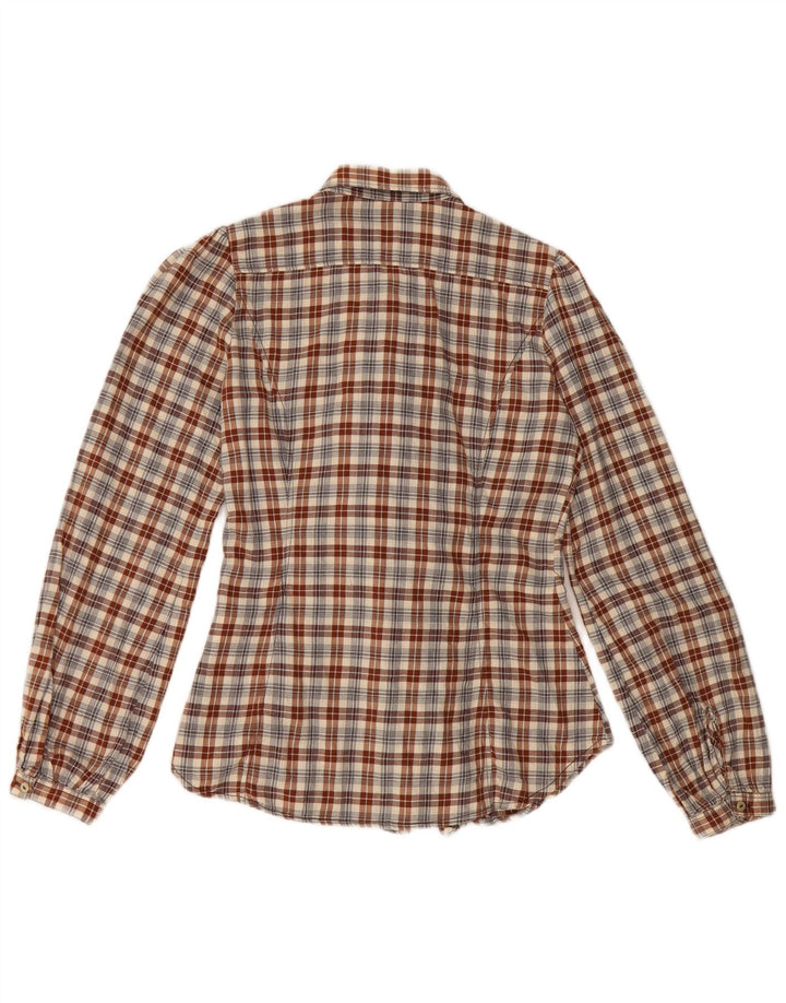 Marlboro Classics Womens Ruffle Front Shirt IT 38 XS Brown Check Cotton