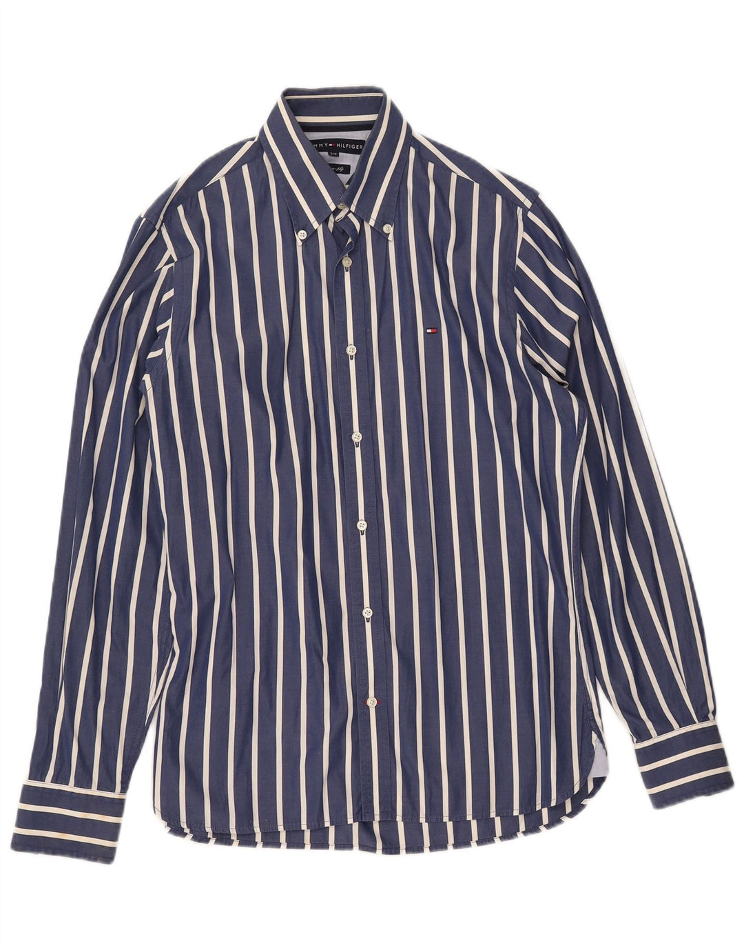 TOMMY HILFIGER Mens Shirt Small Navy Blue Pinstripe Cotton 80s