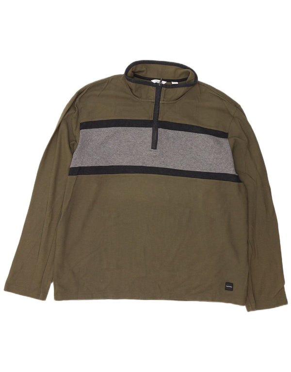 Calvin Klein Mens Zip Neck Top Long Sleeve 2XL Khaki Colourblock Cotton