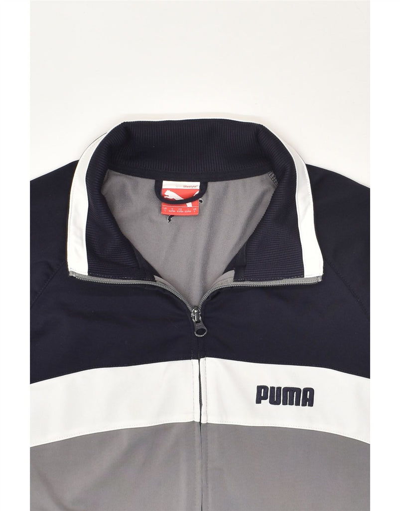 PUMA Mens Tracksuit Top Jacket Large Navy Blue Colourblock Polyester | Vintage Puma | Thrift | Second-Hand Puma | Used Clothing | Messina Hembry 