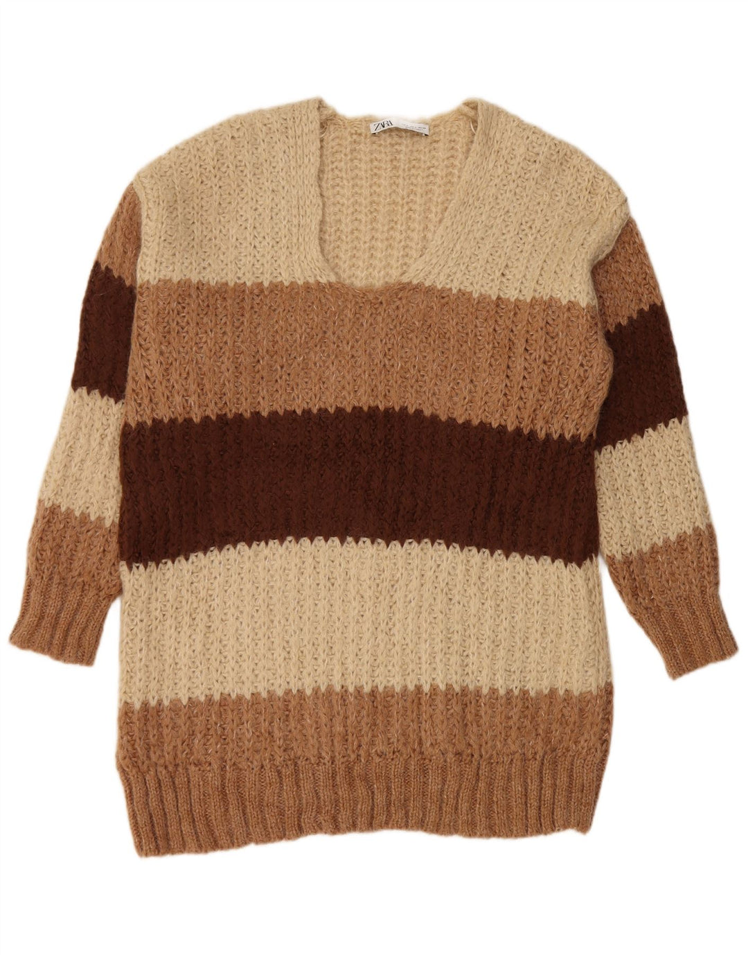 Zara Womens Oversized V-Neck Jumper Sweater UK 10 Small Beige Striped