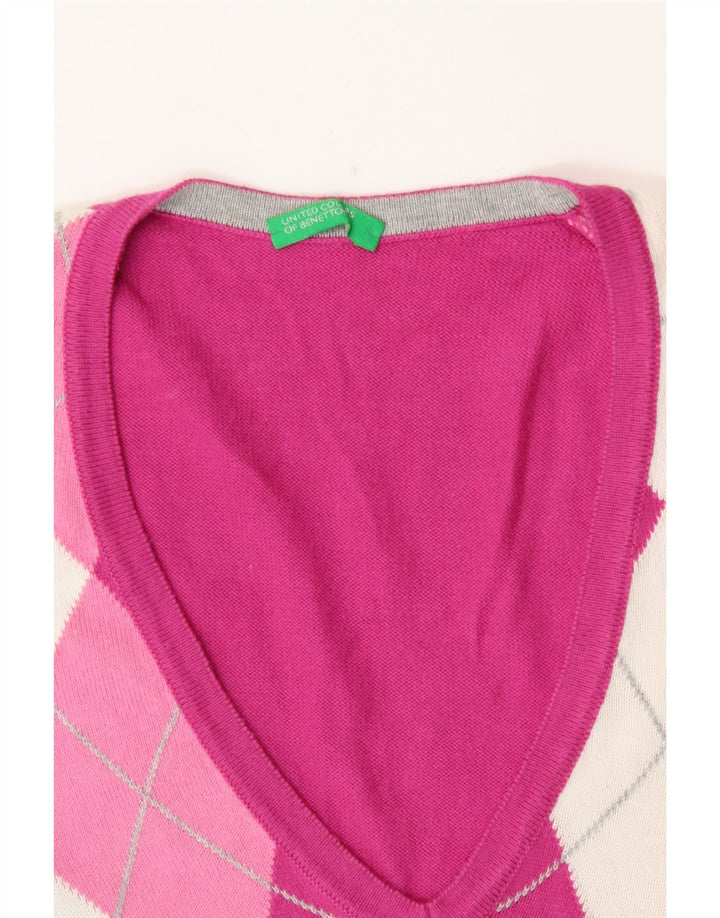 Benetton Womens V-Neck Jumper Sweater UK 12 Medium Pink Argyle/Diamond