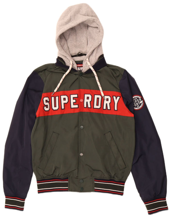 Superdry Mens Graphic Hooded Varsity Jacket UK 40 Large Khaki Colourblock