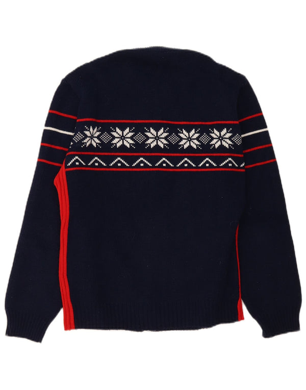 Vintage Mens Cardigan Sweater Medium Navy Blue Fair Isle Polyacrylic