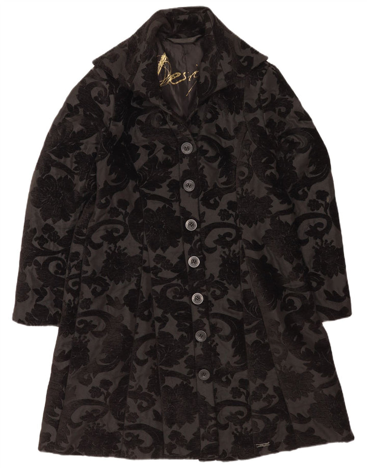 Desigual Womens Overcoat EU 44 XL Black Floral Polyester