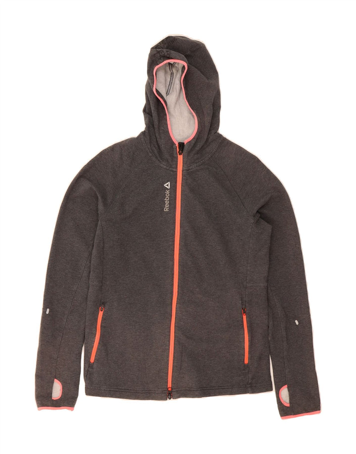 REEBOK Womens Zip Hoodie Sweater UK 12/14 Medium Grey Cotton Vintage Reebok and Second-Hand Reebok from Messina Hembry 