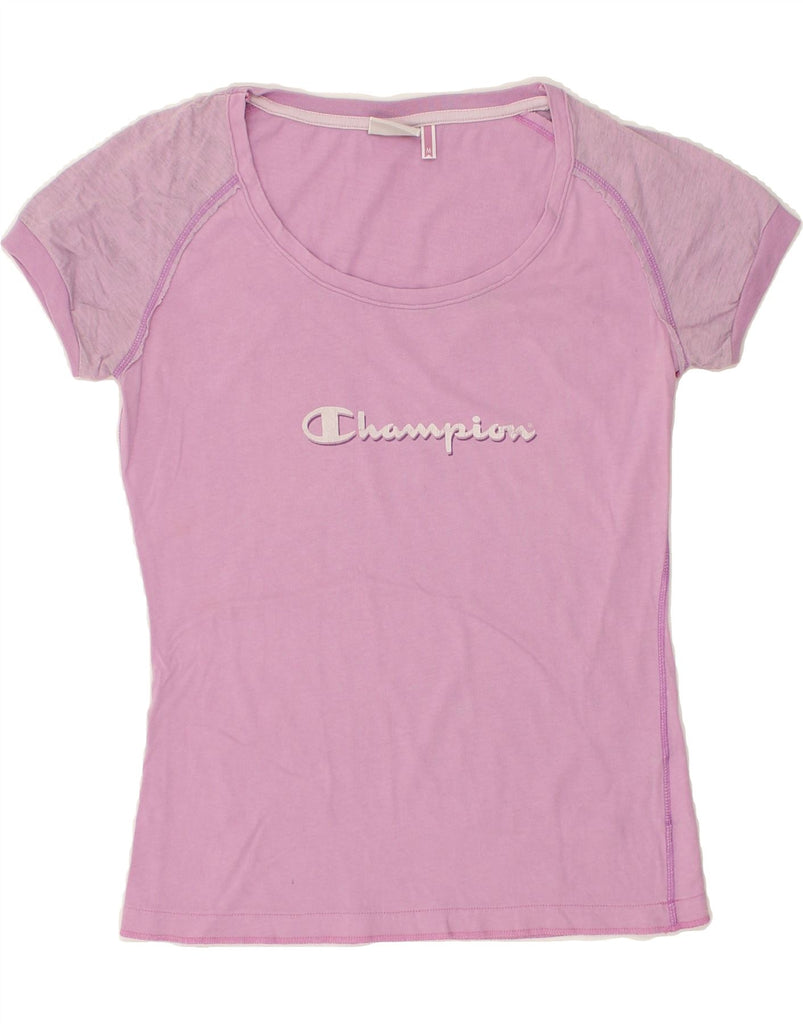 CHAMPION Womens Graphic T-Shirt Top UK 12 Medium Pink Cotton | Vintage Champion | Thrift | Second-Hand Champion | Used Clothing | Messina Hembry 