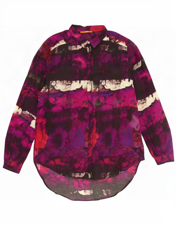 Hugo Boss Womens Longline Shirt UK 10 Small Purple Floral Cotton