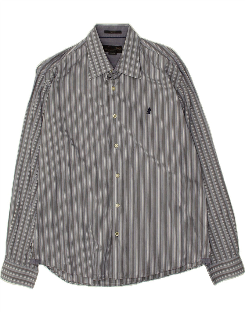 MARLBORO CLASSICS Mens Slim Fit Shirt Large Grey Striped Cotton | Vintage Marlboro Classics | Thrift | Second-Hand Marlboro Classics | Used Clothing | Messina Hembry 