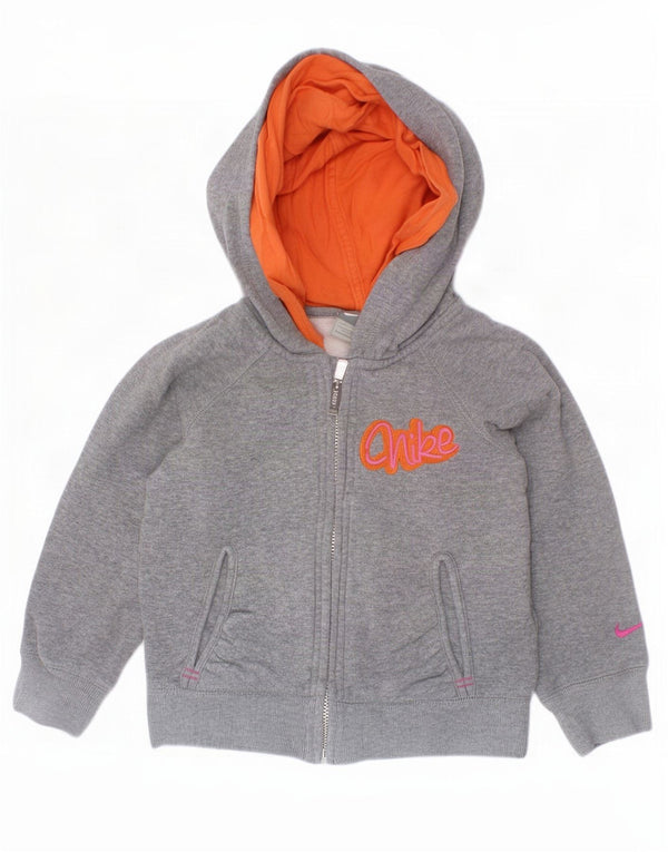 Nike Girls Graphic Zip Hoodie Sweater 4-5 Years Small Grey Cotton