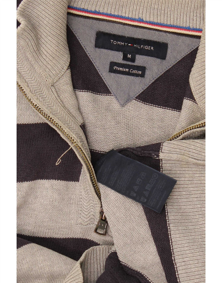 Tommy Hilfiger Mens Zip Neck Jumper Sweater Medium Grey Striped Cotton