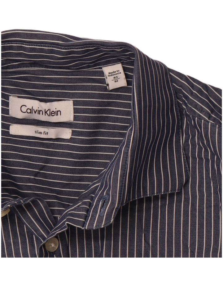 CALVIN KLEIN Mens Slim Fit Shirt Size 43 Large Navy Blue Pinstripe