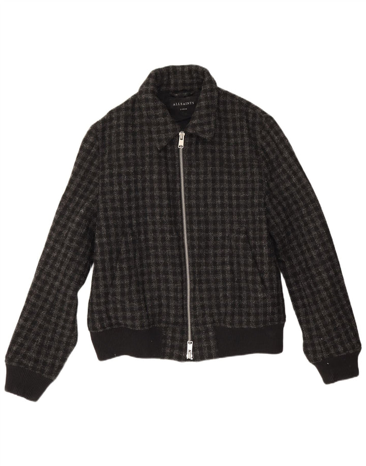 All Saints Mens Bomber Jacket UK 40 Large Grey Check Wool