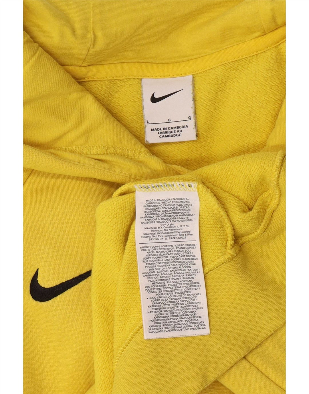 Nike Mens Hoodie Jumper Large Yellow Cotton