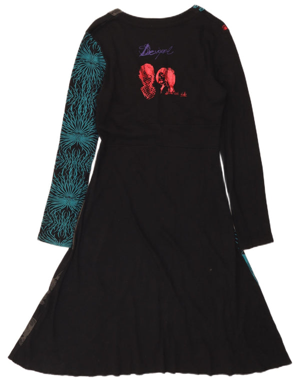 Desigual Womens Graphic Long Sleeve A-Line Dress UK 14 Large Black Floral