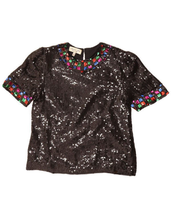 Vintage Womens Sequin Blouse Top UK 16 Large Black Silk