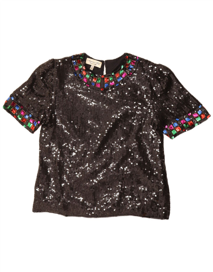 Vintage Womens Sequin Blouse Top UK 16 Large Black Silk