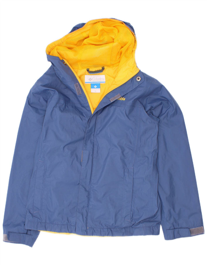 Columbia Boys Hooded Rain Jacket 7-8 Years Small Blue Colourblock Nylon