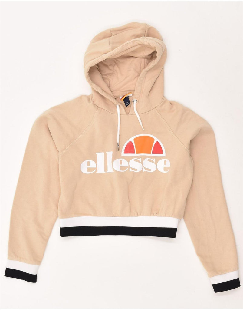 ELLESSE Womens Graphic Crop Hoodie Jumper US 8 Medium Beige Cotton | Vintage Ellesse | Thrift | Second-Hand Ellesse | Used Clothing | Messina Hembry 