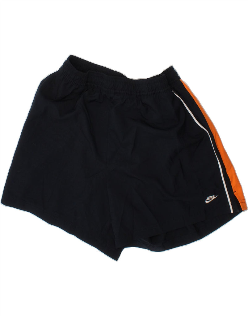 NIKE Womens High Waist Sport Shorts US 12/14 Large  Navy Blue Colourblock Vintage Nike and Second-Hand Nike from Messina Hembry 