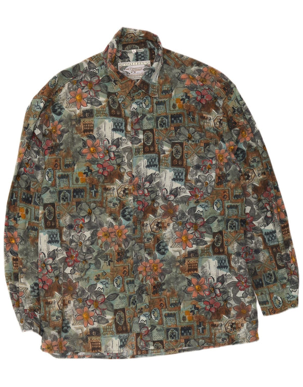 Wallees Mens Shirt Large Green Floral Polyester