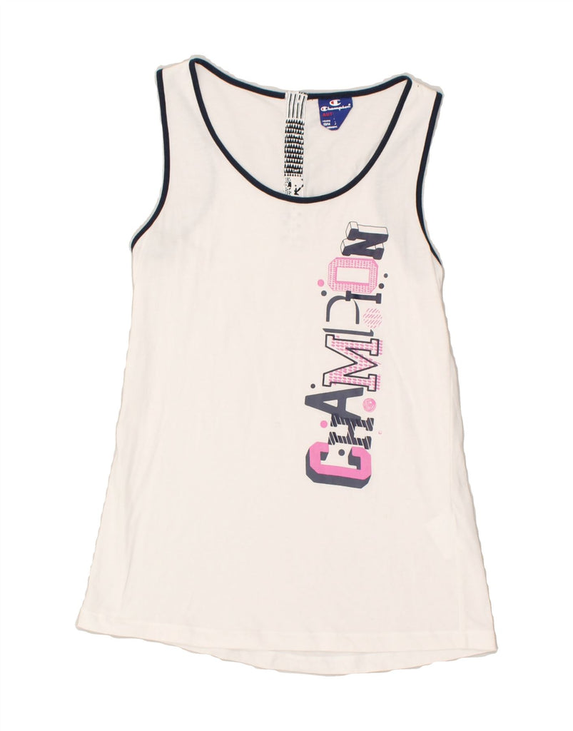 CHAMPION Girls Graphic Vest Top 13-14 Years XL White Cotton | Vintage Champion | Thrift | Second-Hand Champion | Used Clothing | Messina Hembry 