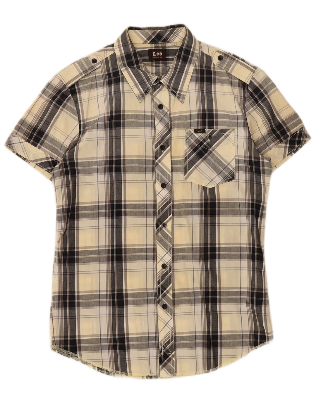 Lee Mens Short Sleeve Military Shirt Medium Beige Plaid Cotton