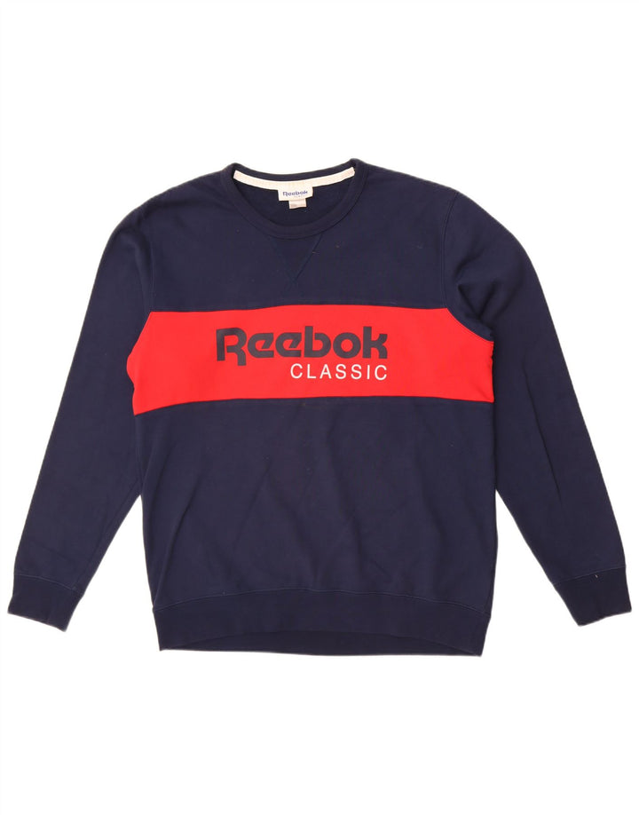 Reebok Mens Graphic Sweatshirt Jumper Large Navy Blue Colourblock Cotton