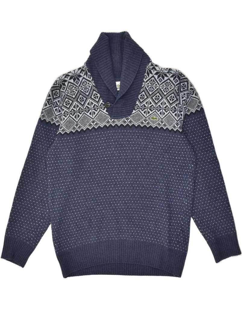 LACOSTE Mens Shawl Neck Jumper Sweater Size 3 Small Navy Blue Fair Isle | Vintage Lacoste | Thrift | Second-Hand Lacoste | Used Clothing | Messina Hembry 