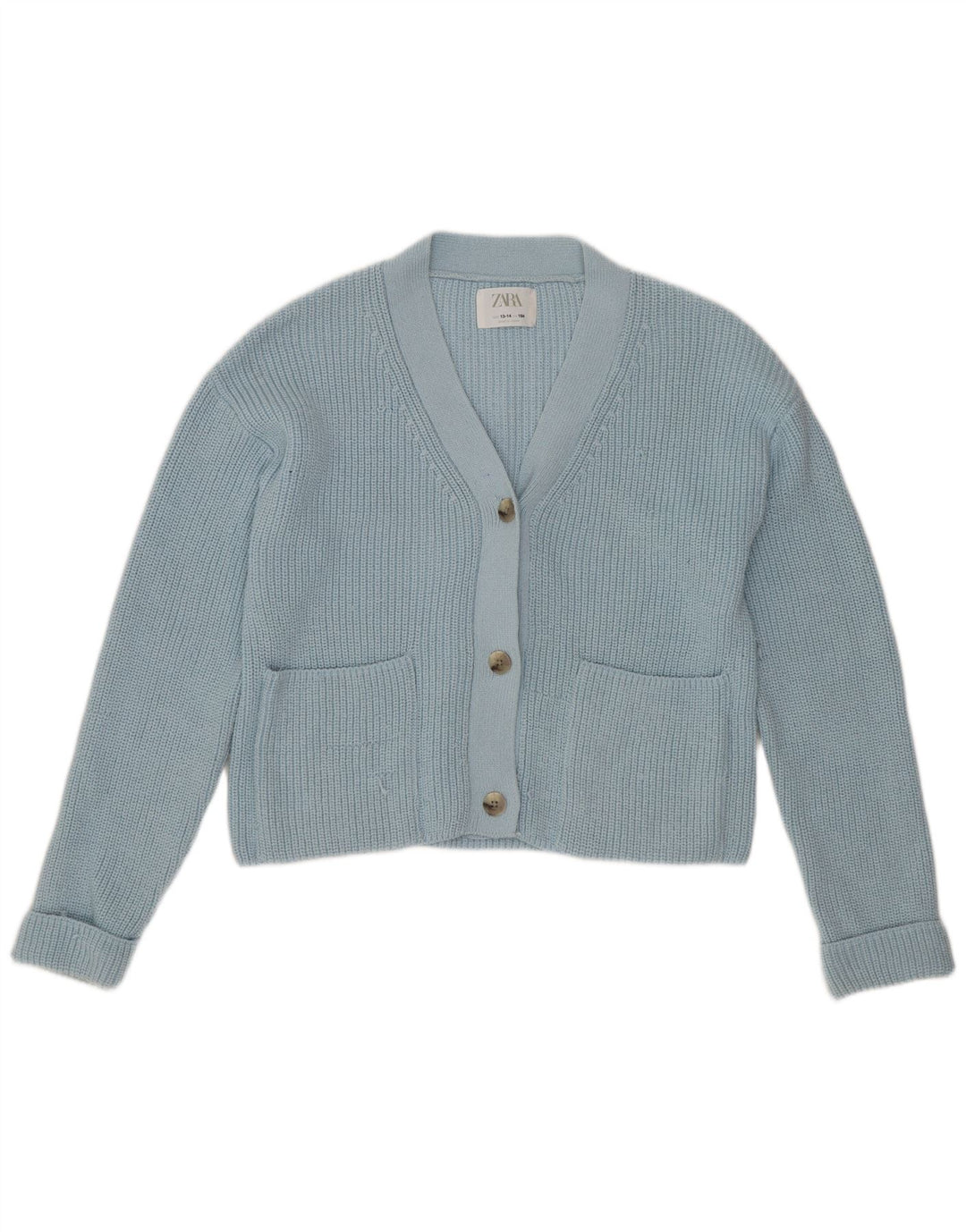 Zara Girls Crop Cardigan Sweater 13-14 Years Blue Polyester
