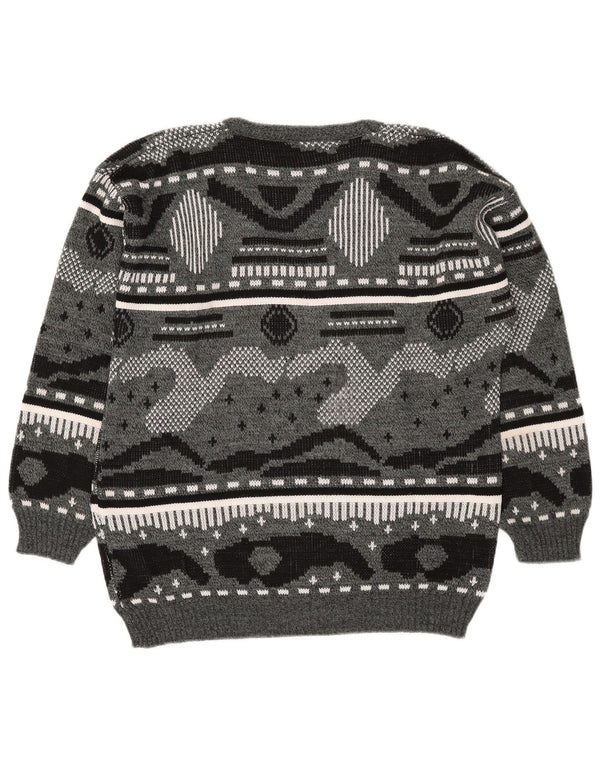 Vintage Mens V-Neck Jumper Sweater XL Grey Geometric Acrylic