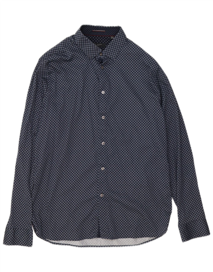 Ted Baker Mens Shirt Size 5 XL Navy Blue Geometric Cotton