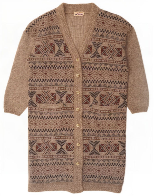 Vintage Womens Longline Cardigan Sweater UK 16 Large Brown Geometric